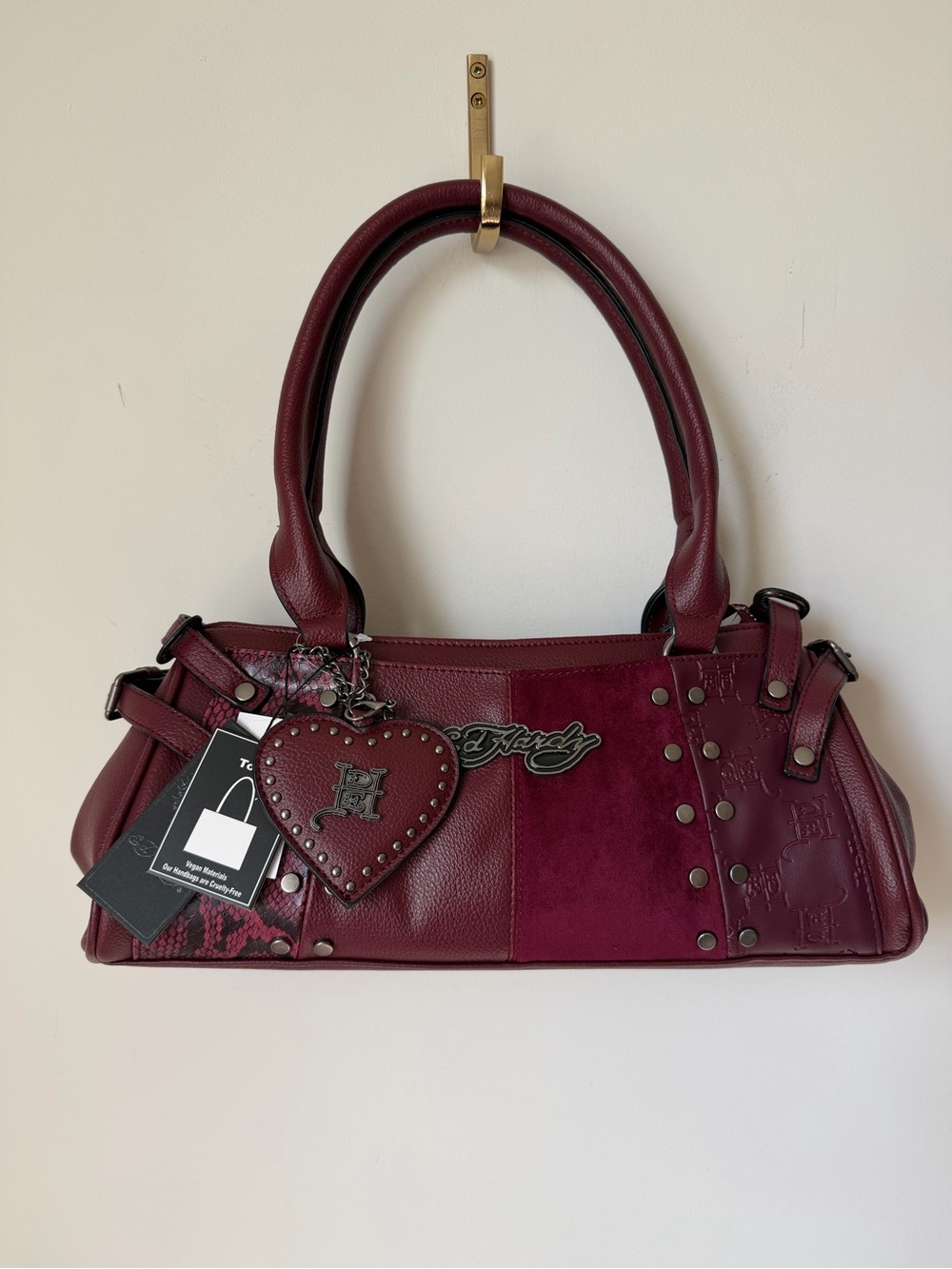 Ed Hardy Burgundy Patchwork Satchel with Heart Charm with silver hardware